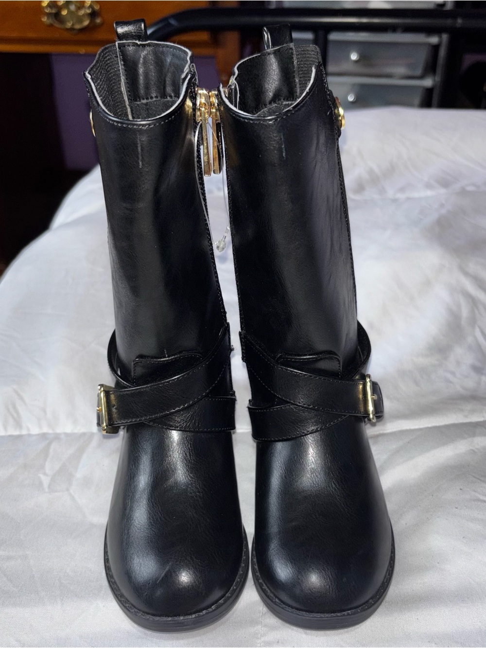 Toddler Girl’s Michael Kors Black Knee High Riding Boots with Gold Accents - Picture 2 of 7